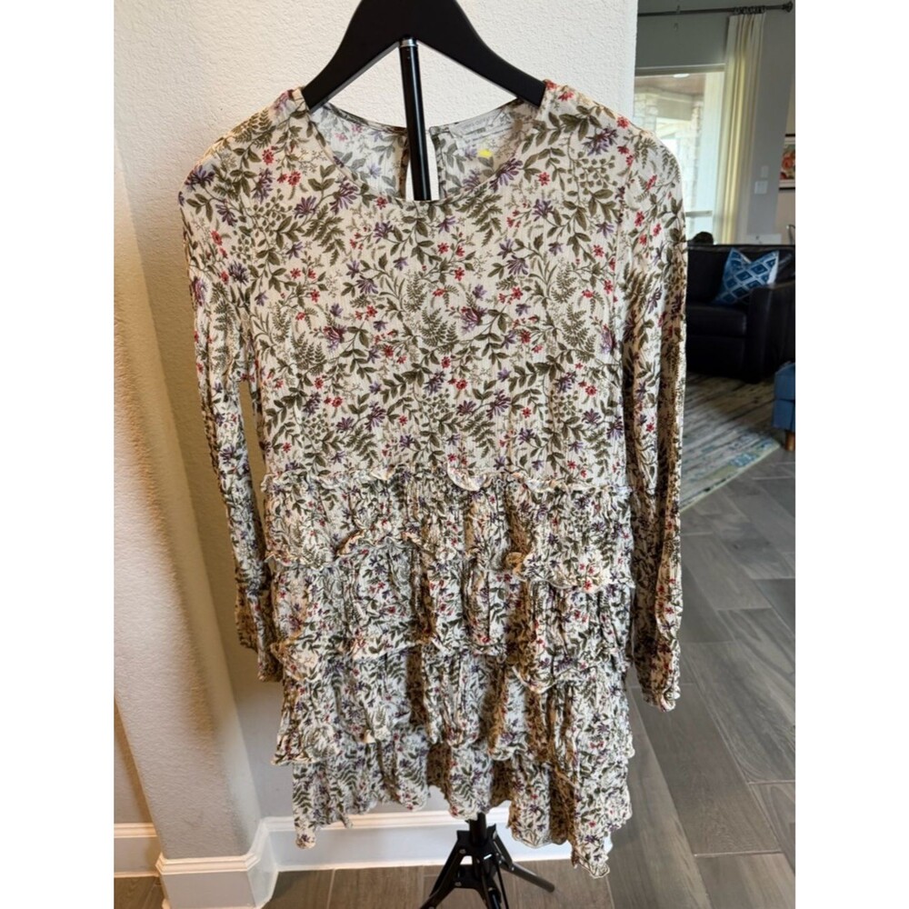 Urban Outfitters Cream Floral Ruffle Blouse with Purple & Green Embroidery S